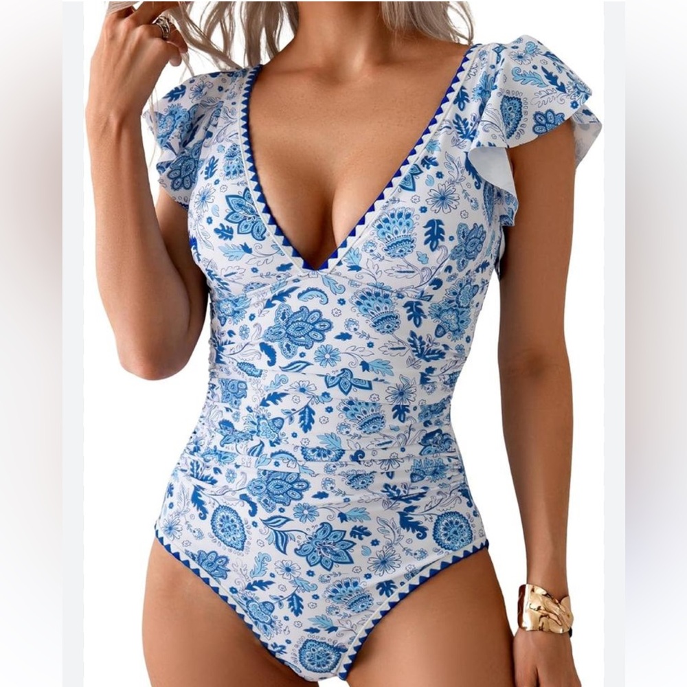 Aidonger Floral Blue and White Ruffle One Piece swimsuit NEW‎